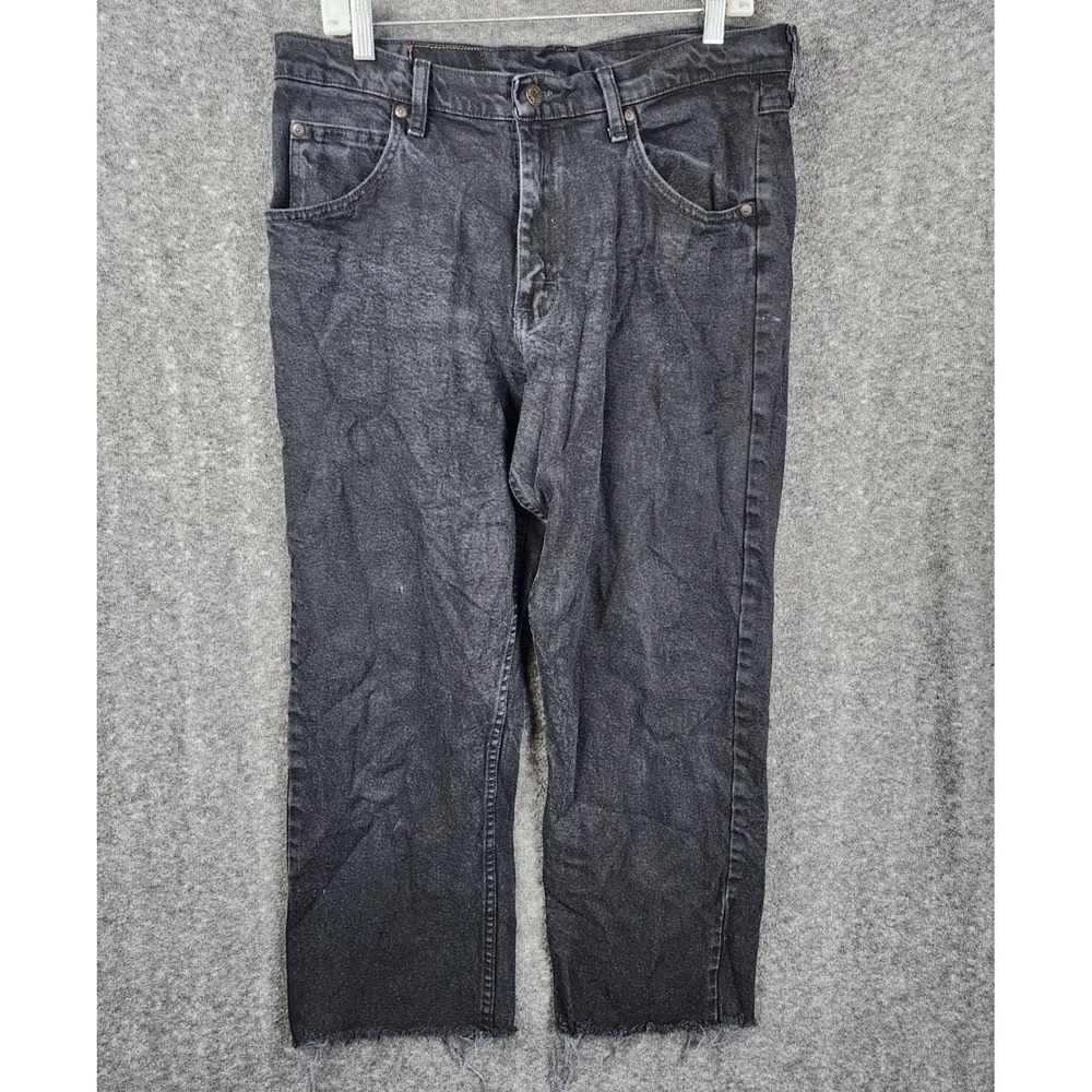 Wrangler Jeans‎ Men 33x30 Black Cut Off Raw Hem Faded Denim Straight Leg